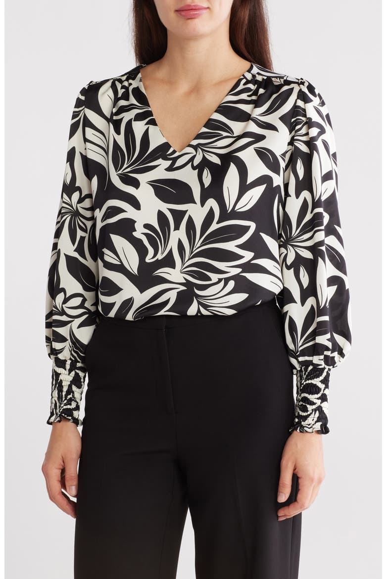 Floral Long Sleeve Top, Main, color, BLACK/ WHITE