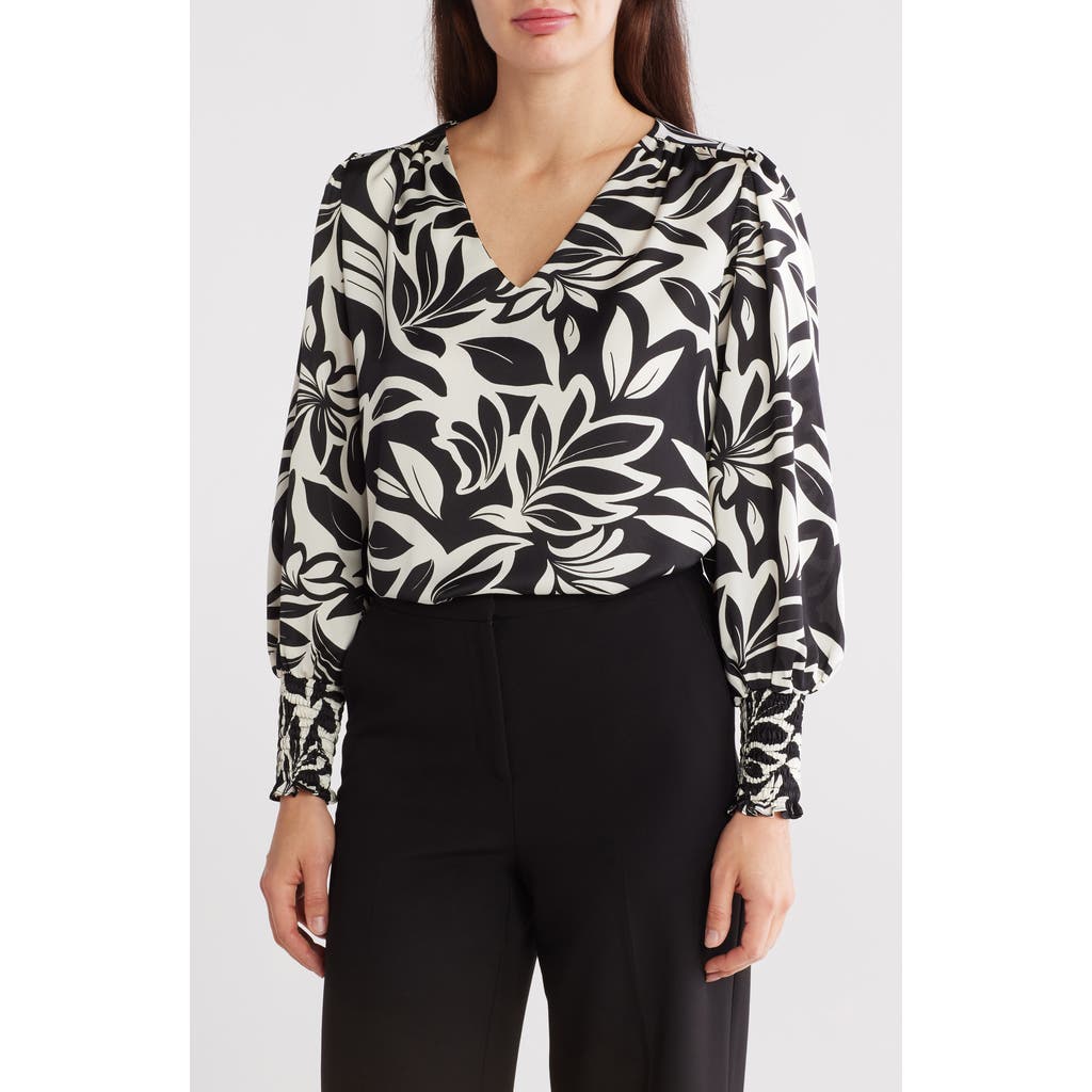 Shop Renee C Floral Long Sleeve Top In Black/white