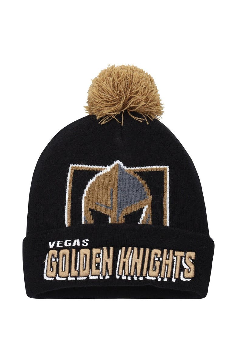 Mitchell & Ness Men's Mitchell & Ness Black Vegas Golden Knights Punch Out Cuffed Knit Hat with Pom, Main, color,