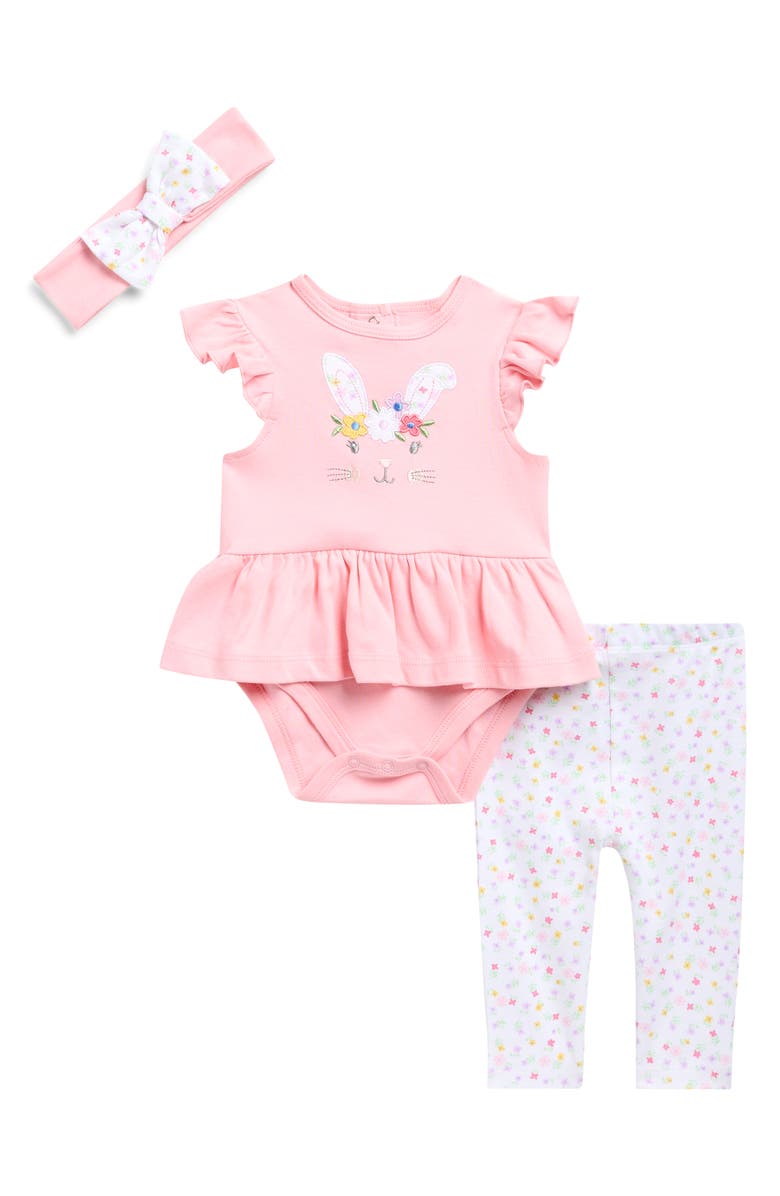 Little Me Bunny Bodysuit, Leggings & Headband Set, Main, color, Pink