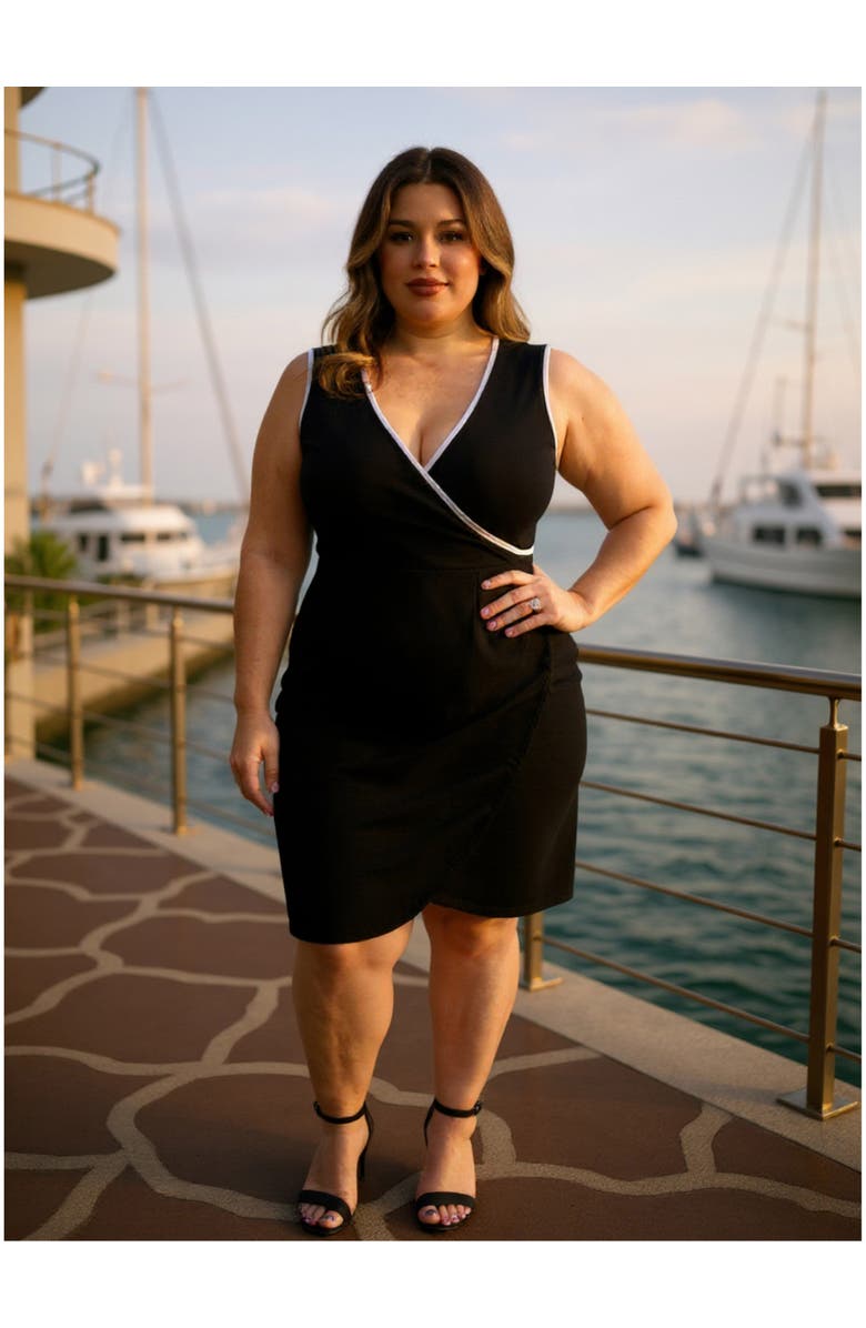 24seven Comfort Apparel Plus Size V-Neck Sleeveless Faux Wrap Tulip Hemline Midi Dress, Alternate, color, Black