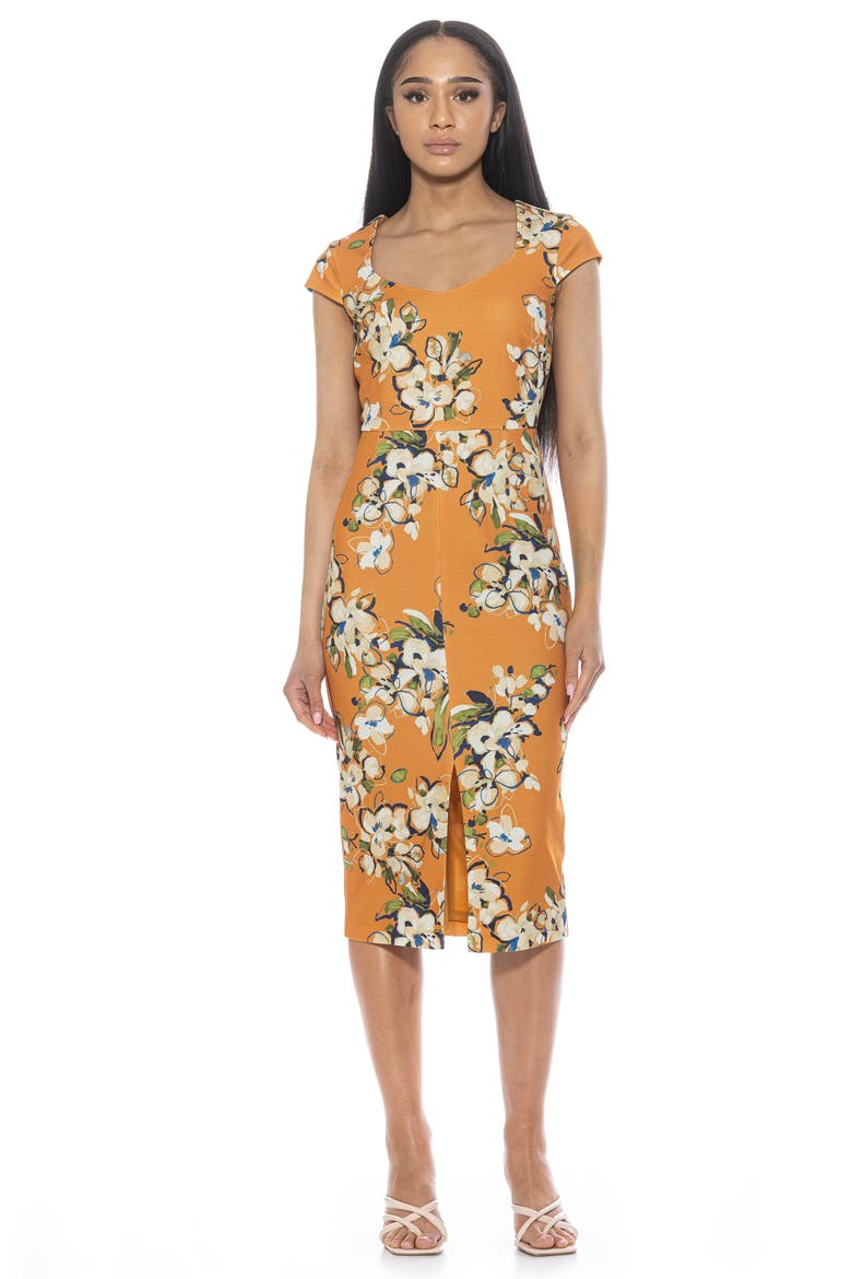 Gia Sweetheart Neck Sheath Midi Dress, Alternate, color, MUSTARD MULTI