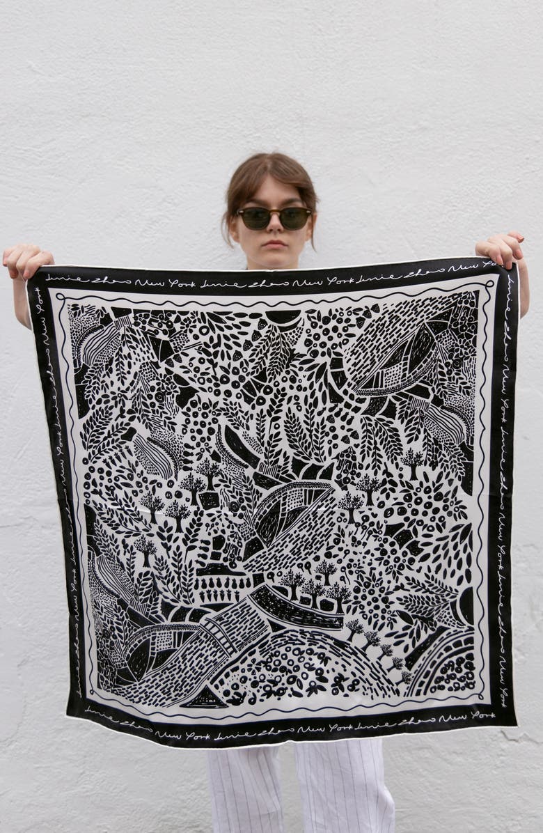 Jessie Zhao New York Double Sided Silk Scarf Of Black Garden, Alternate, color, Black