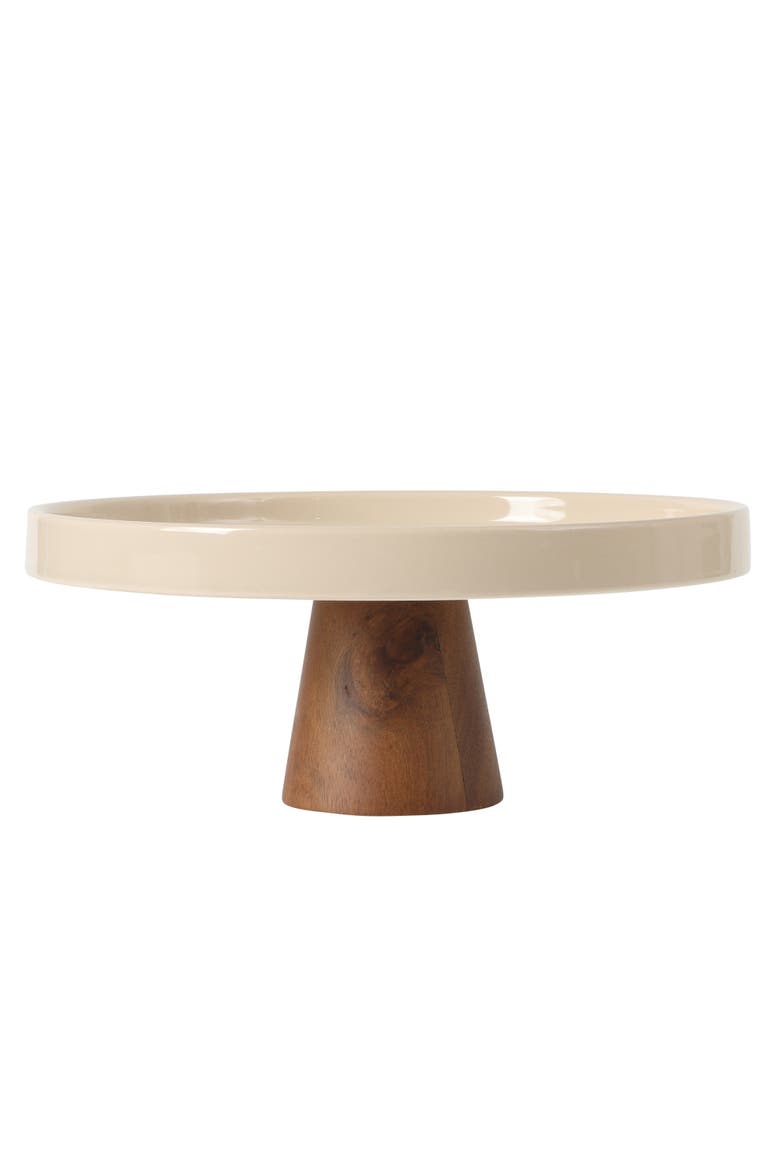 Gracious Dining Round Stoneware Cake Stand with Acacia Wood Base, Main, color, Taupe