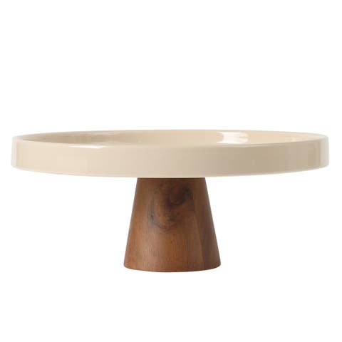 Gracious Dining Round Stoneware Cake Stand with Acacia Wood Base
