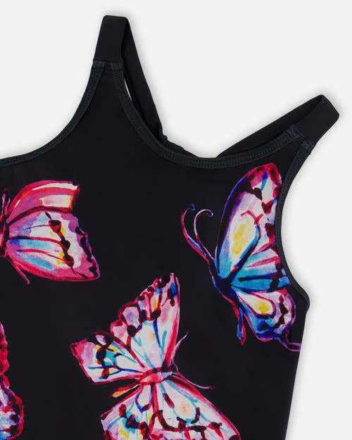 DEUX PAR DEUX DEUX PAR DEUX LITTLE GIRL'S PRINTED BEACH DRESS BLACK AND MULTICOLORED BUTTERFLIES