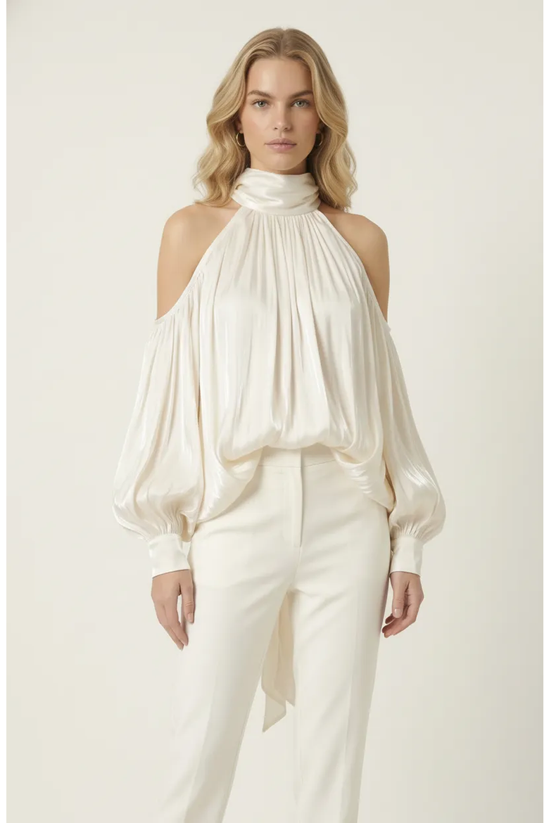 High Neck Cold Shoulder Satin Blouse, Main, color, Ivory
