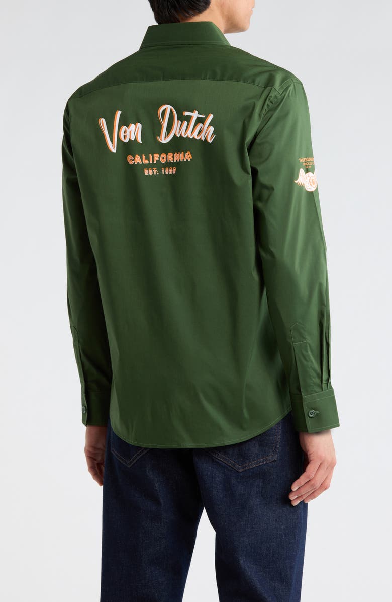 Von Dutch Patch Graphic Button-Up Shirt, Alternate, color, Forest Green