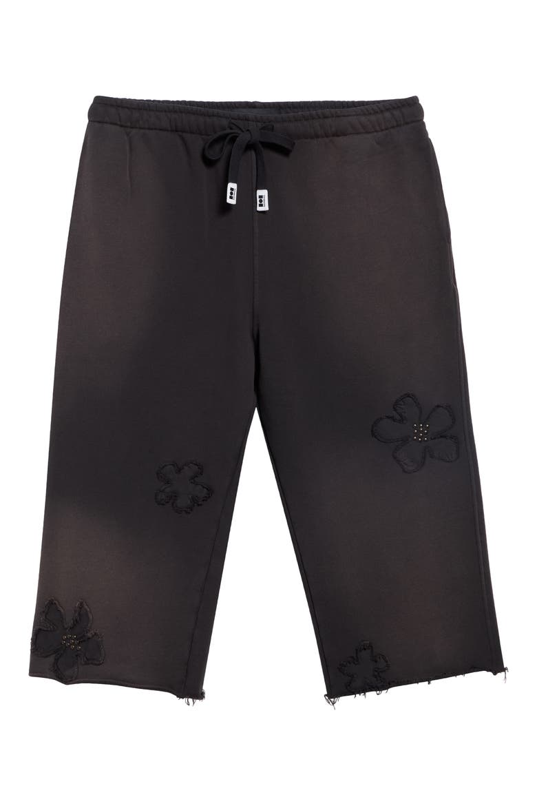 Distressed Studded Patch Raw Hem Long Sweat Shorts, Main, color, AGED BLACK TERRY
