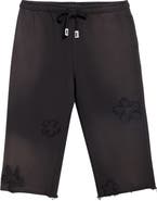 NAHMIAS Distressed Studded Patch Raw Hem Long Sweat Shorts