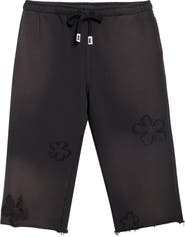 NAHMIAS Distressed Studded Patch Raw Hem Long Sweat Shorts