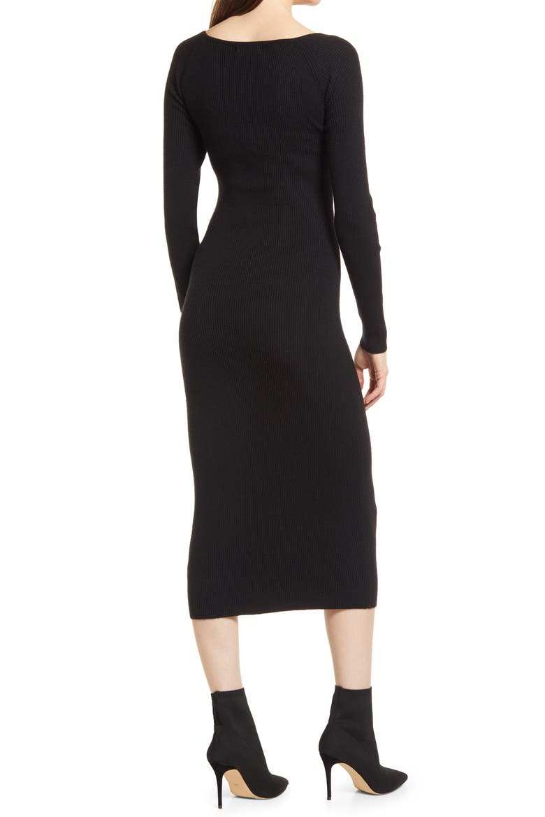 Gathered Front Cutout Long Sleeve Rib Midi Dress, Alternate, color, BLACK