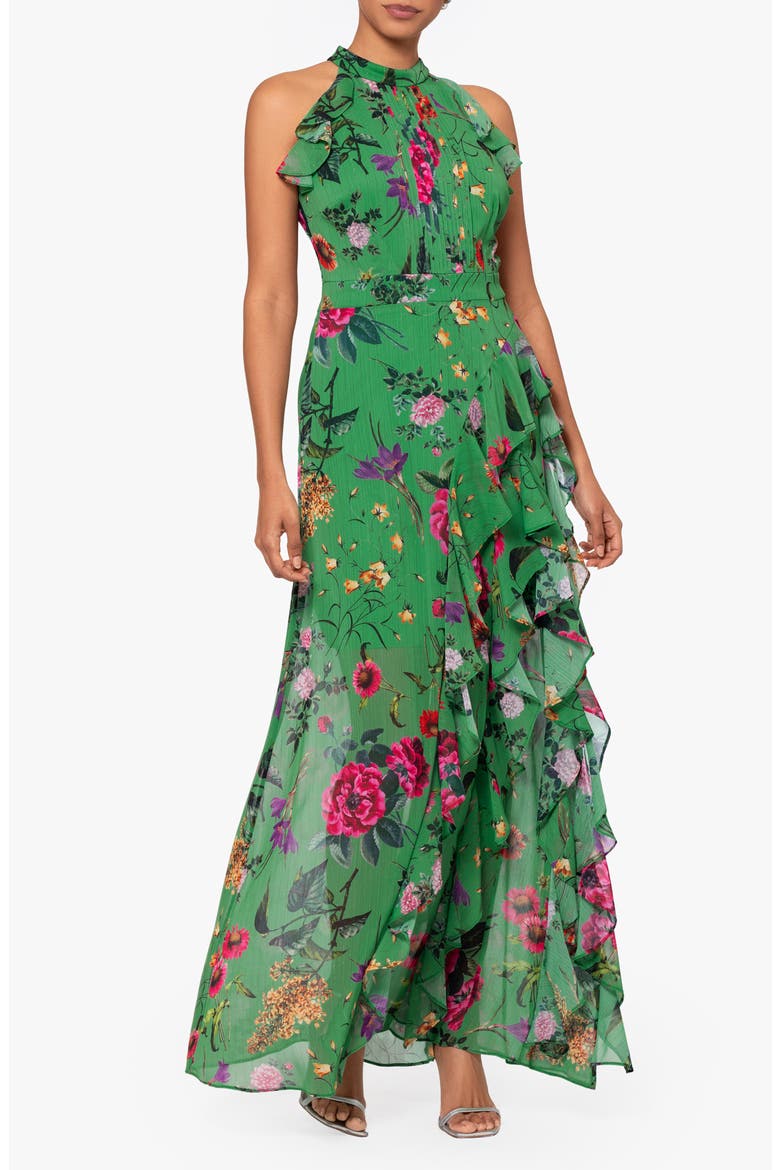 Floral Print Metallic Ruffle Chiffon Gown, Main, color, GRN/MULTI