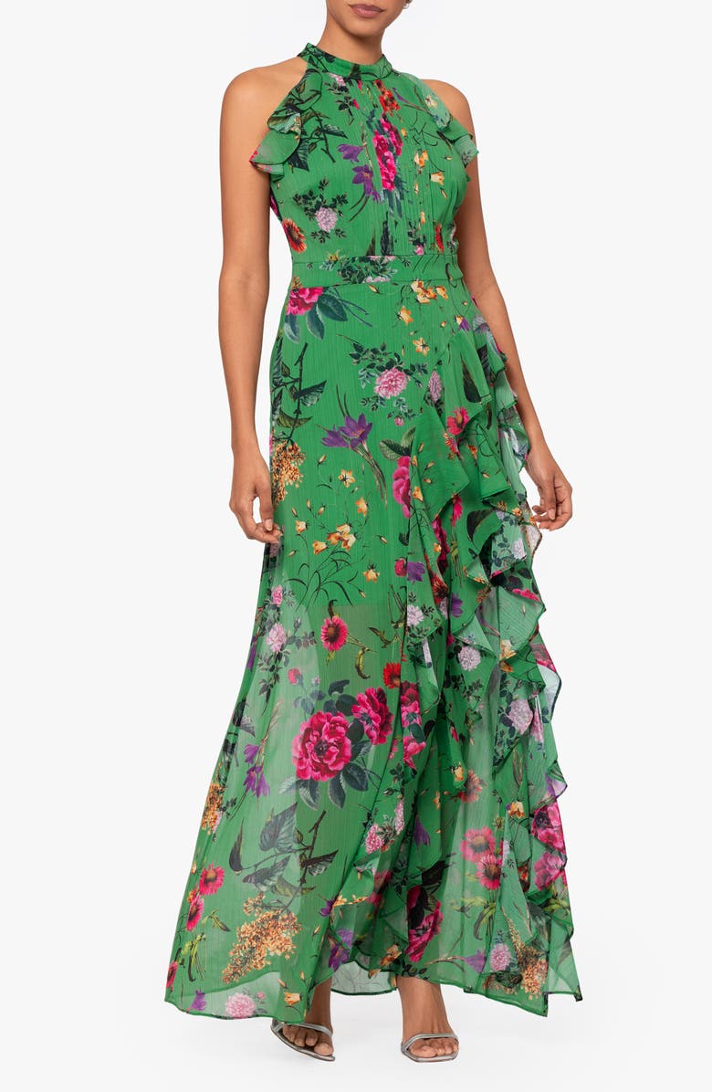 Betsy & Adam Floral Print Metallic Ruffle Chiffon Gown, Main, color, Green/ Multi