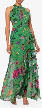 Betsy & Adam Floral Print Metallic Ruffle Chiffon Gown