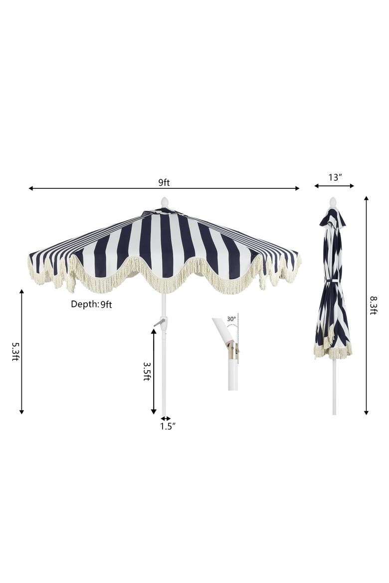 Collins Bohemian Fringe Outdoor Patio Umbrella with Crank Lift and Tilt, Scalloped UV-Resistant Canopy, Aluminum Pole, Alternate, color, Navy/White - White Pole