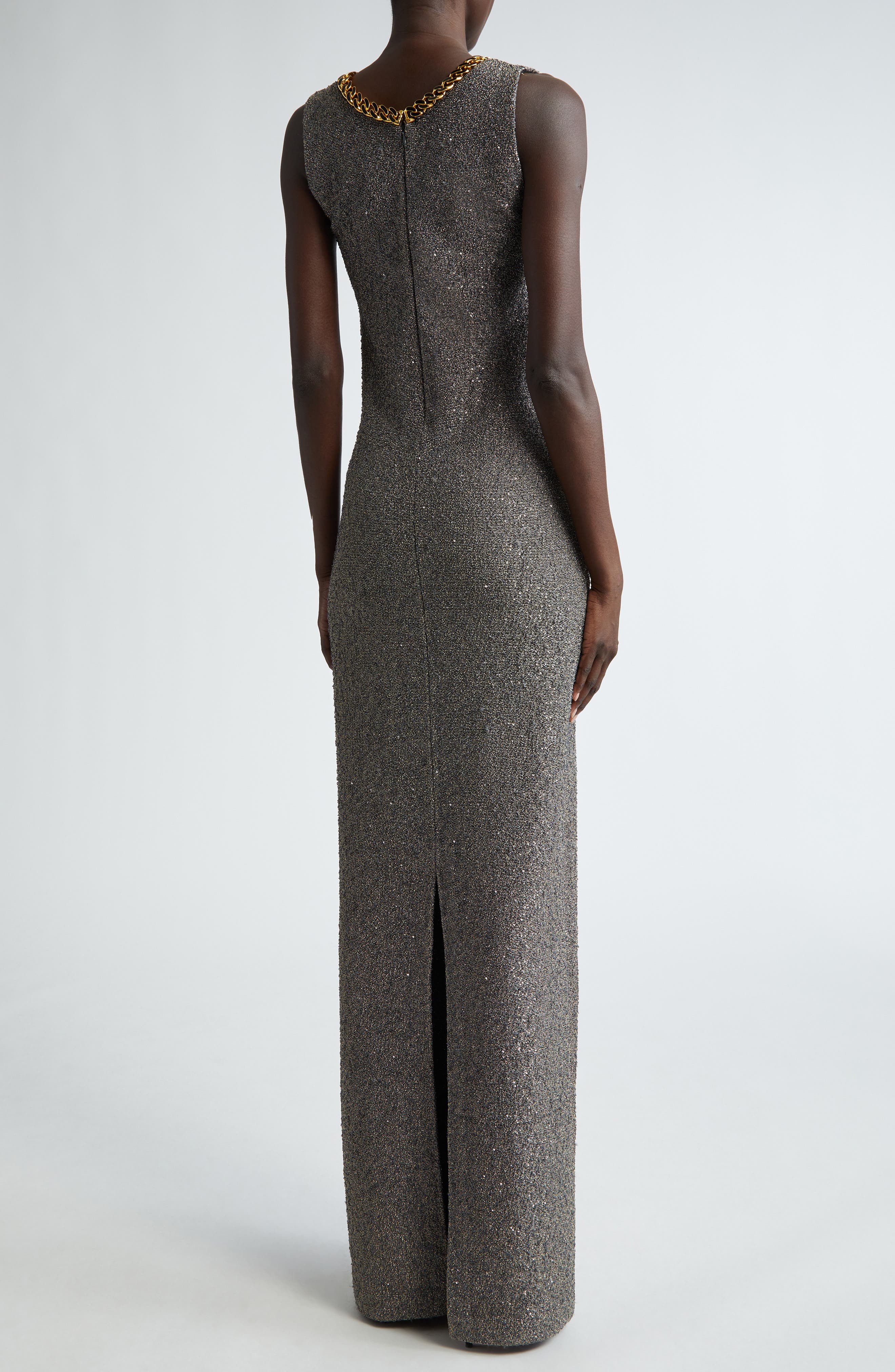 Sequin Embellished Shimmer Tweed Column Gown - image 2