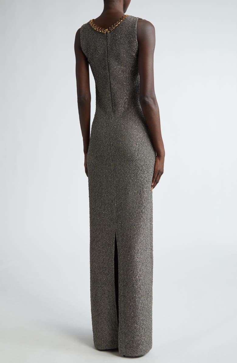 ST. JOHN Sequin Embellished Shimmer Tweed Column Gown, Alternate, color, Carbon/ Gold Multi