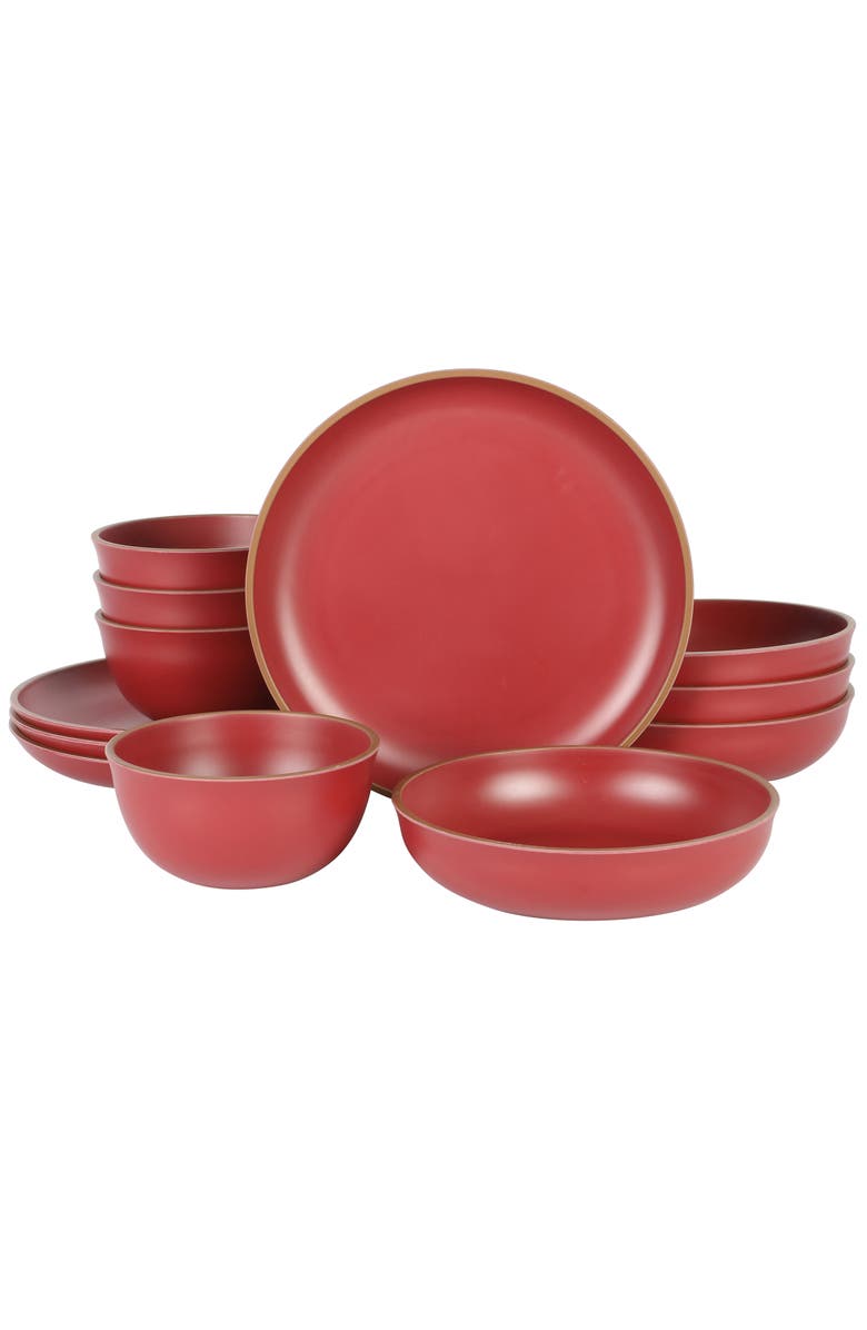 Gibson Home Rockabye 12 Piece Double Bowl Malemine Dinnerware Set, Main, color, Red