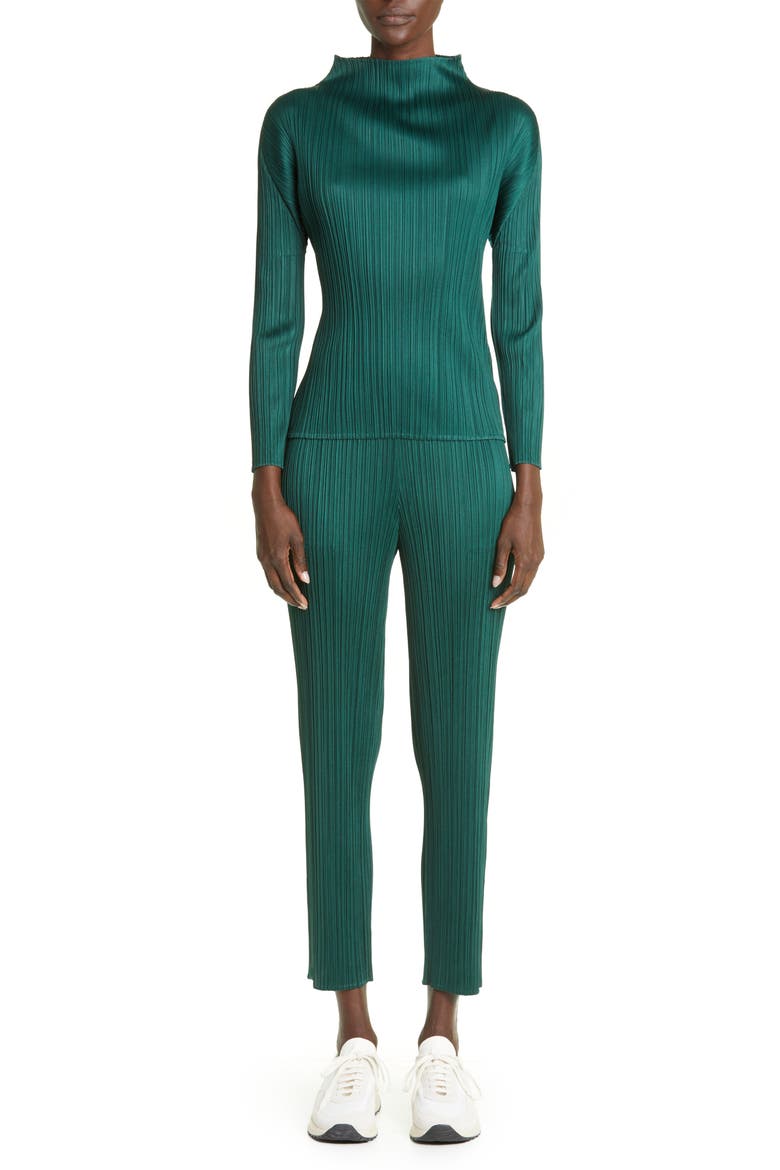 New Colorful Basics 3 Pleated Funnel Neck Top, Alternate, color, DARK GREEN