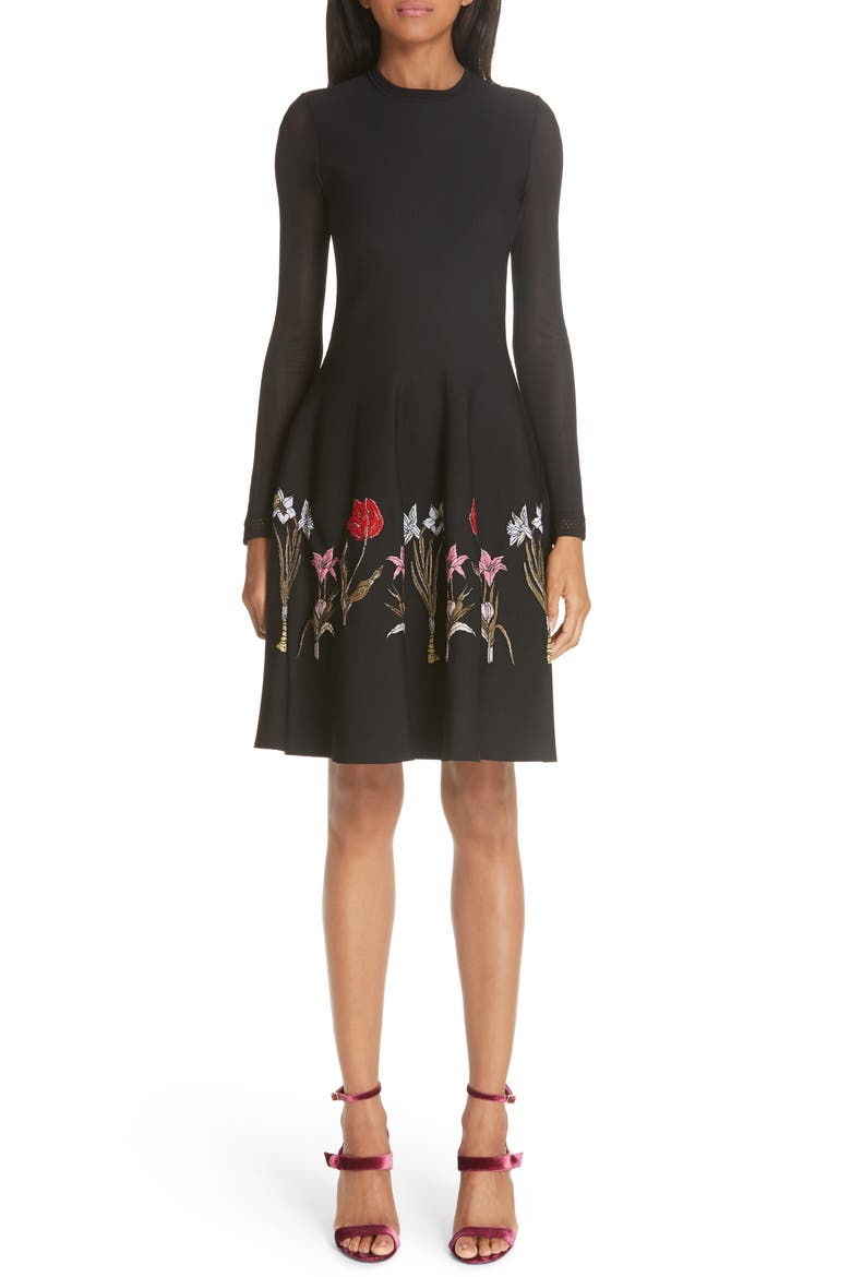Sheer Sleeve Floral Hem Dress, Main, color, BLACK MULTI