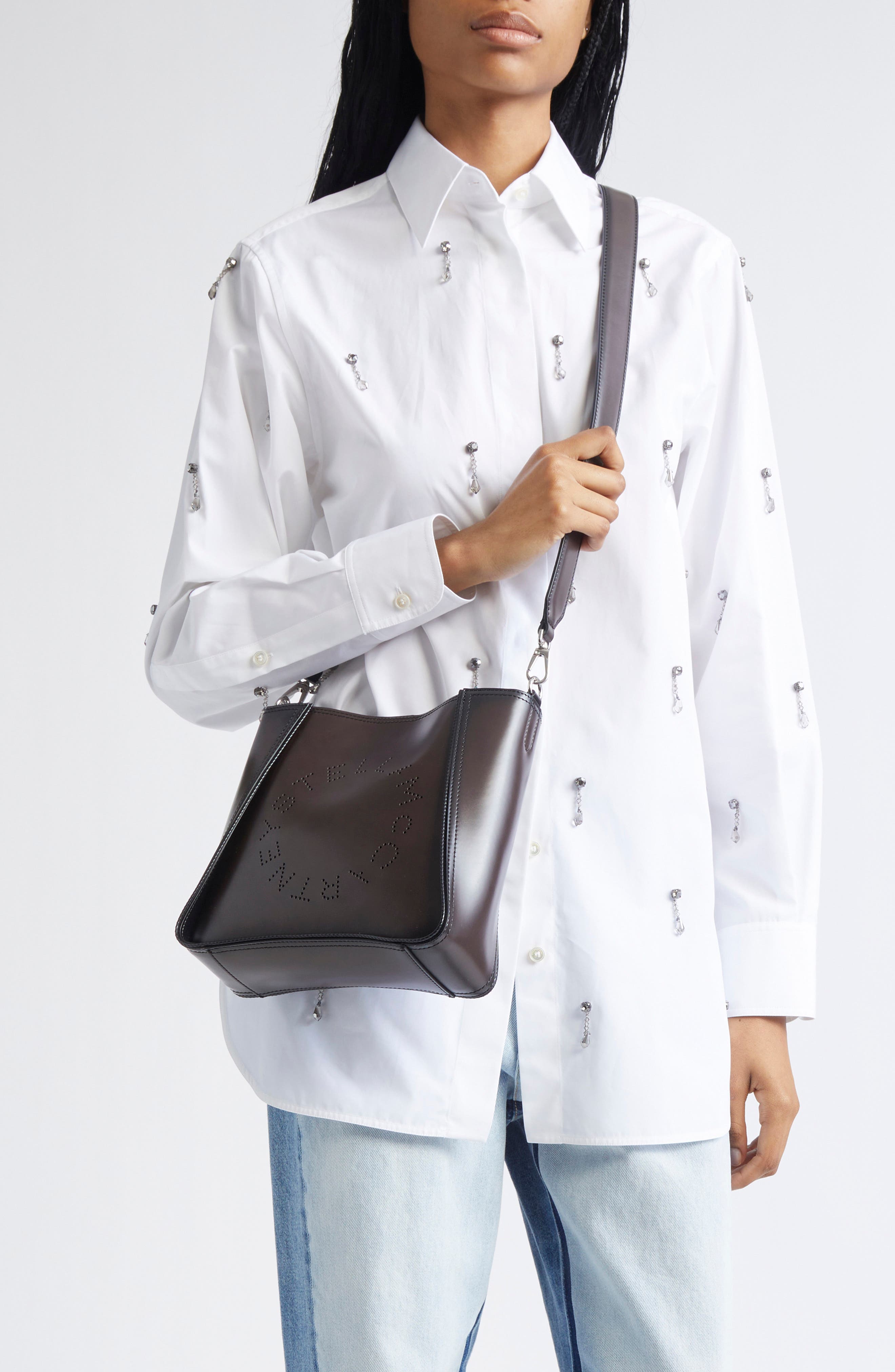 Stella McCartney Logo Faux Leather Crossbody Bag, Alternate, color, Black Brown