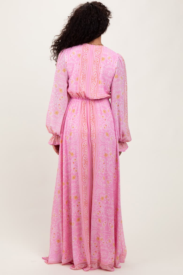 Paisley Deep V-Neck Long Sleeve Maxi Dress, Alternate, color, Pink