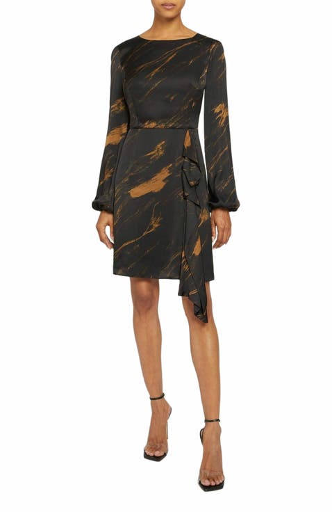 MALIA Long Sleeve Dress with Side Ruffle Panel in Abstract Print