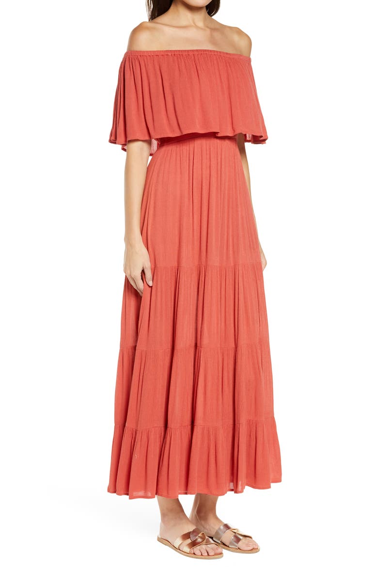 Off the Shoulder Ruffle Cover-Up Maxi Dress, Alternate, color, AUBURN