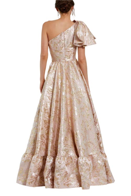 Mac Duggal Floral Brocade One Shoulder High Low Gown With Bow In Pink Multi