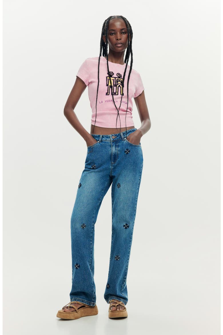 Embellished Slim Straight Leg Jeans, Alternate, color, DARK BLUE