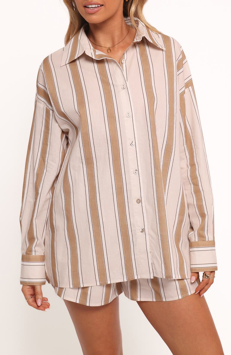Petal & Pup Dean Stripe Cotton Button-Up Shirt & Shorts Set, Alternate, color, Beige Stripe