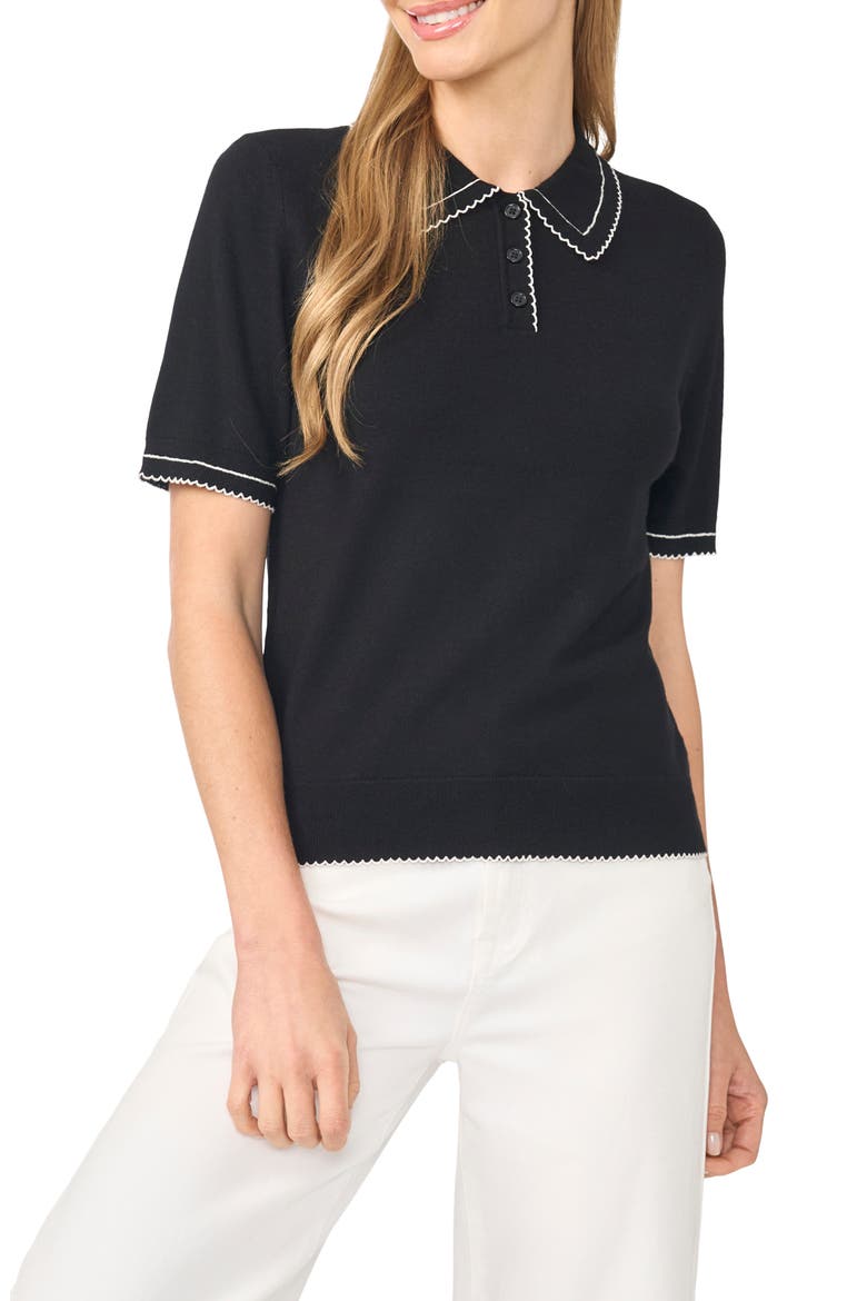 Scalloped Trim Short Sleeve Polo Sweater, Main, color, RICH BLACK