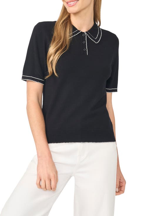 Scalloped Trim Short Sleeve Polo Sweater