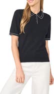 CeCe Scalloped Trim Short Sleeve Polo Sweater