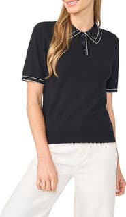 CeCe Scalloped Trim Short Sleeve Polo Sweater