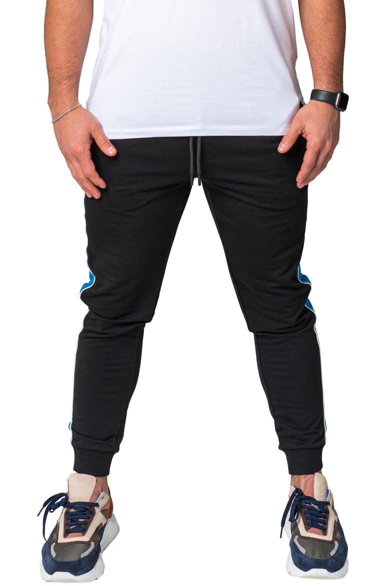 Side Stripe Skinny Fleece Joggers, Main, color, BLACK