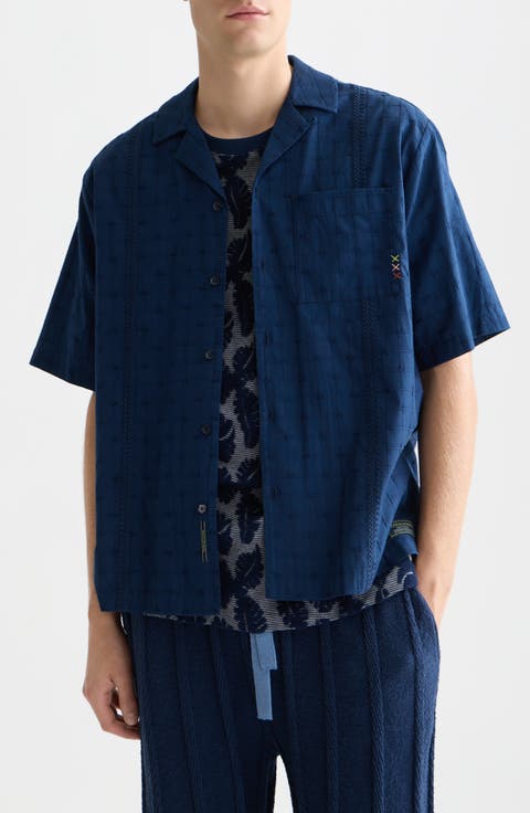 Windowpane Relaxed Fit Short Sleeve Button-Up Shirt