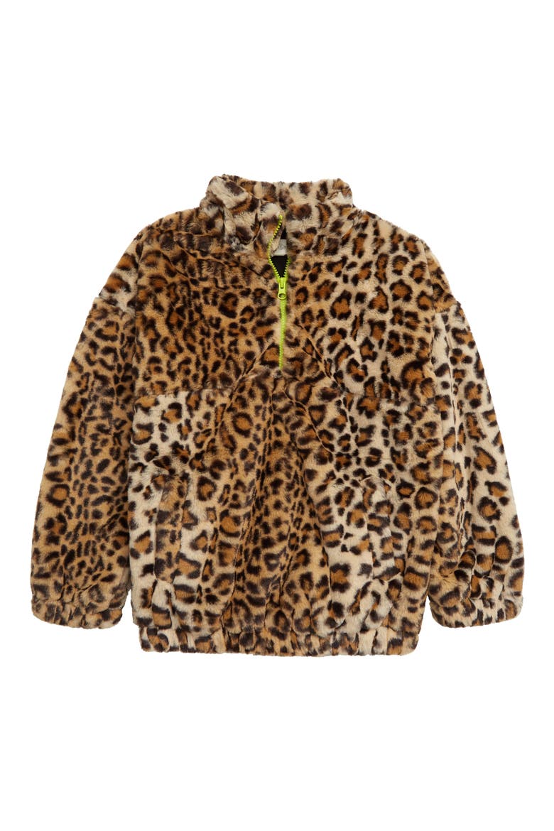 Kids' Leopard Print Faux Fur Half Zip Jacket, Main, color, TAN DALE CHEETAH