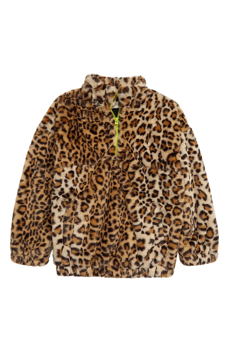 Treasure & Bond Kids' Leopard Print Faux Fur Half Zip Jacket, Main, color,