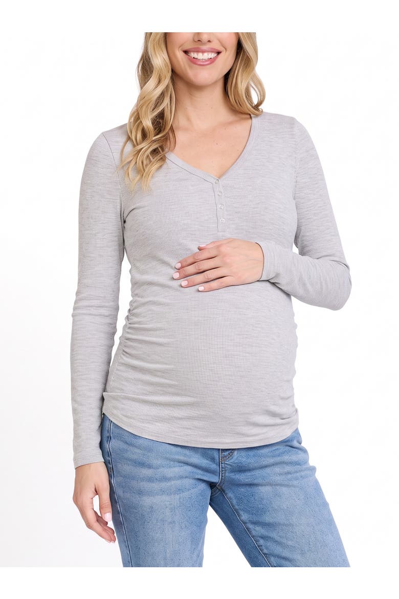 V-Neck Side-Ruched Long Sleeve Henley Tee, Main, color, Heather Grey