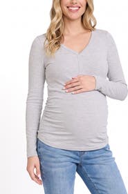 MOTHERHOOD MATERNITY V-Neck Side-Ruched Long Sleeve Henley Tee