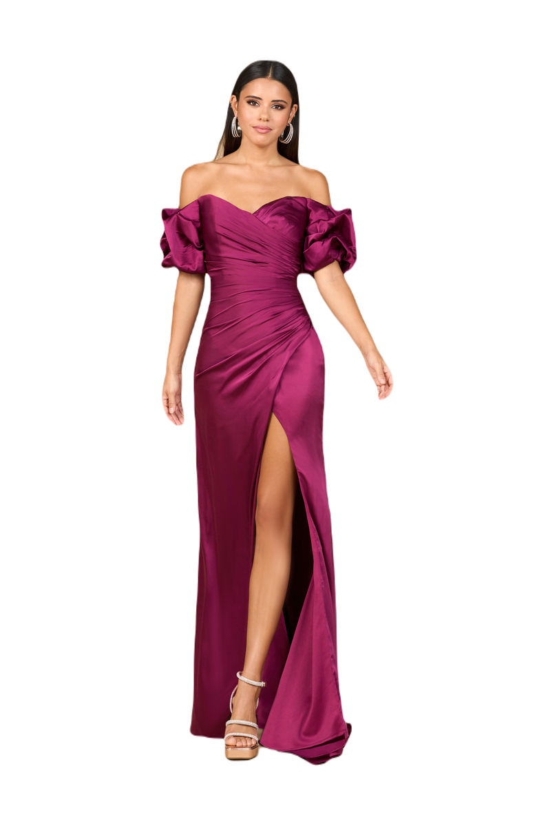 LARA New York Off Shoulder Satin Dress with Slit, Main, color, Wine