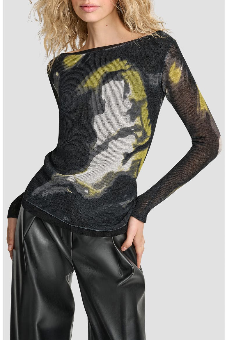 Abstract Print Double Layer Boat Neck Sweater, Main, color, MARBLED CITRONELLA