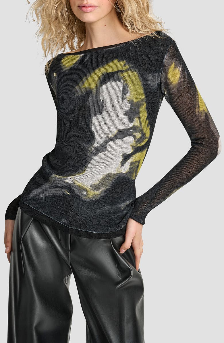 DKNY Abstract Print Double Layer Boat Neck Sweater, Main, color, Marbled Citronella