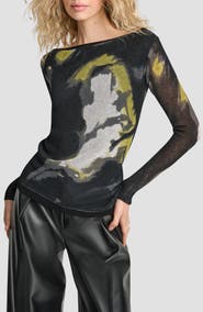 DKNY Abstract Print Double Layer Boat Neck Sweater