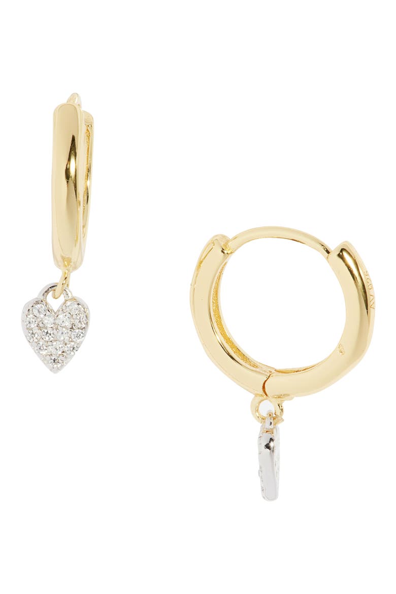 Two Tone Pavé Heart Drop Huggie Hoop Earrings, Main, color, GOLD/ SILVER