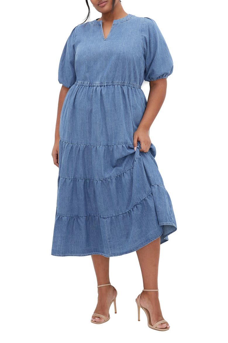 August Tiered Midi Dress, Main, color, LIGHT WASH