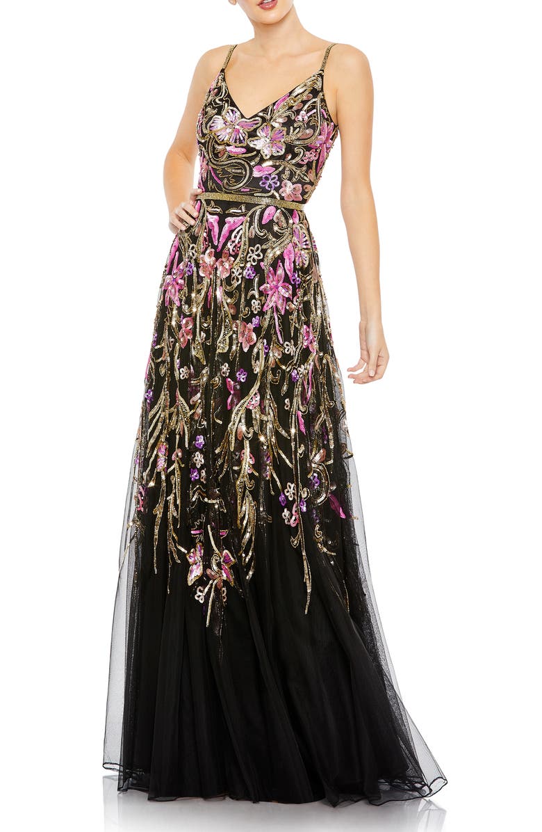 Mac Duggal V-Neck Sequin Column Gown, Main, color,