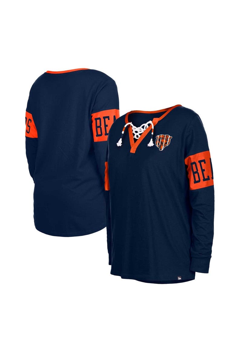 Women's New Era Navy Chicago Bears Lace-Up Notch Neck Long Sleeve T-Shirt, Main, color, Navy